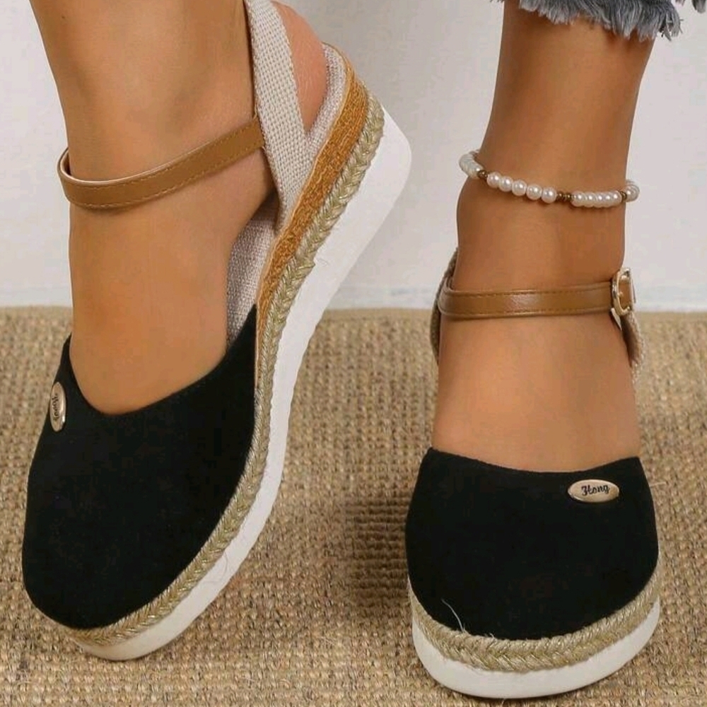 Women's Hollow-out Wedge Heel Sandals With Woven Sole, Black, Elegant Style - Picture 6 of 7